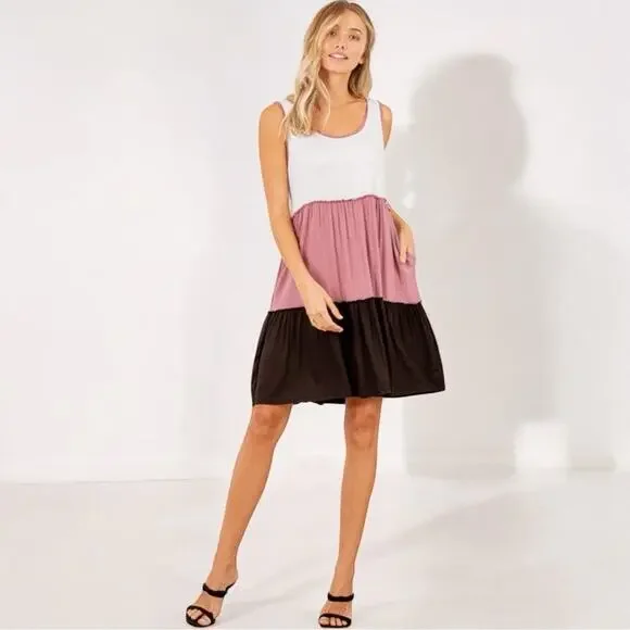 Color Block Sleeveless Swing Tank Midi Dress with Side Pockets - Picture 2 of 8